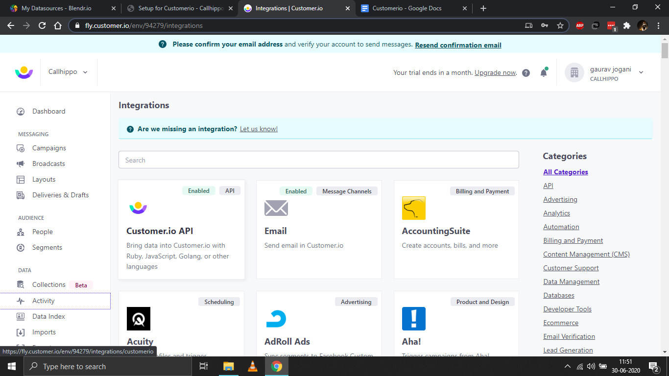 Customer.io Integrations page showing the Customer.io API tile