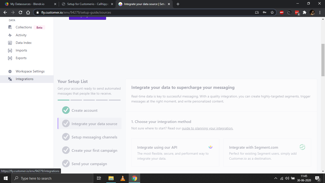 Customer.io setup guide with the Integrations option in the left sidebar