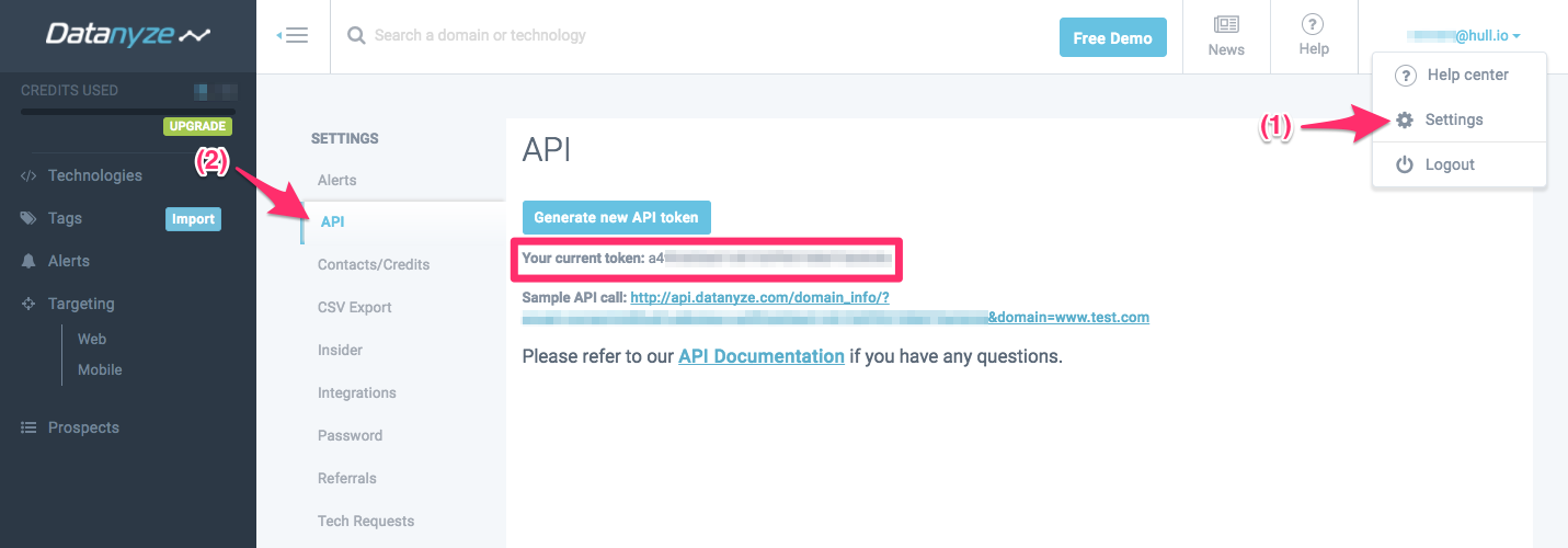 Datanyze Settings API page showing the current API token