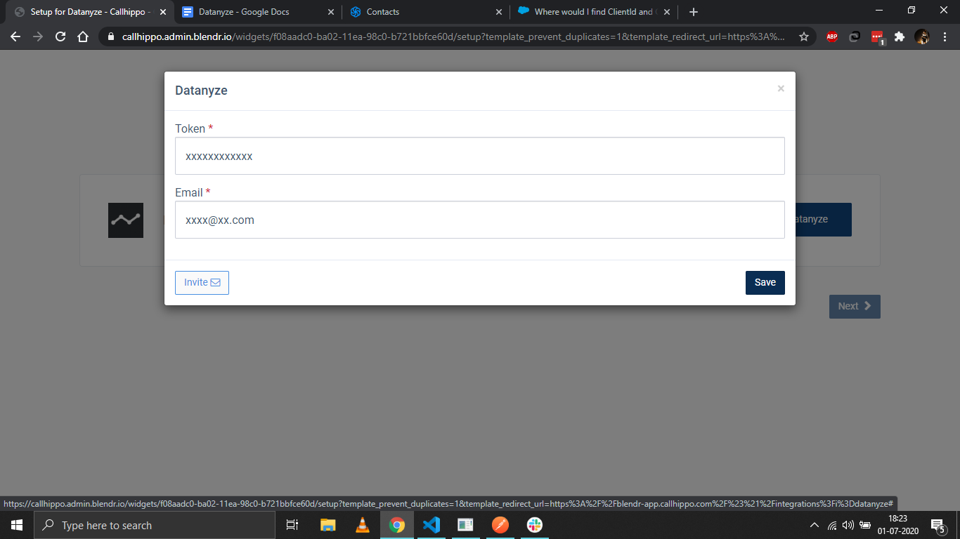 Datanyze setup dialog with Token and Email fields and Save button