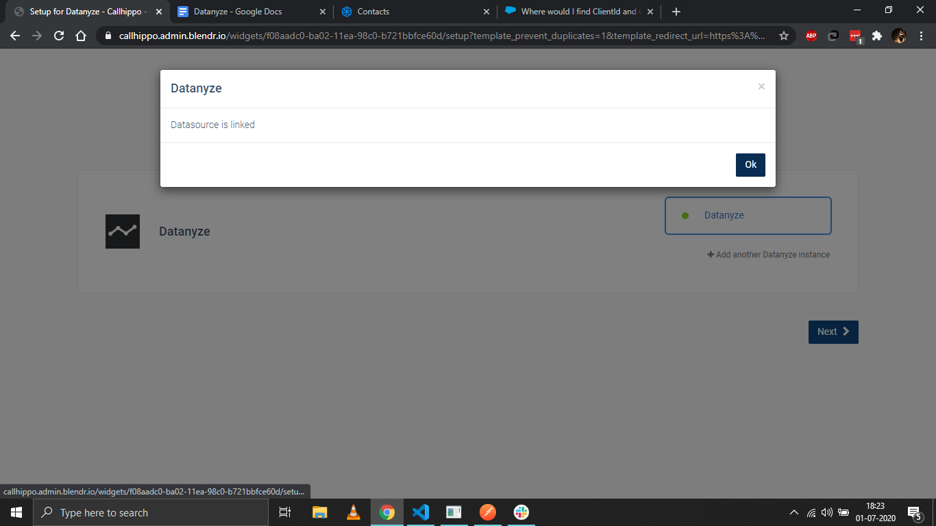 Datanyze dialog showing Datasource is linked confirmation message