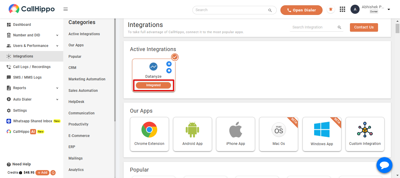 CallHippo Active Integrations showing Datanyze marked as Integrated