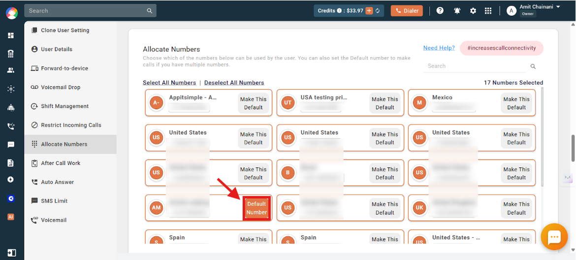 Allocate Numbers grid showing the selected number with a dark orange Default Number tag