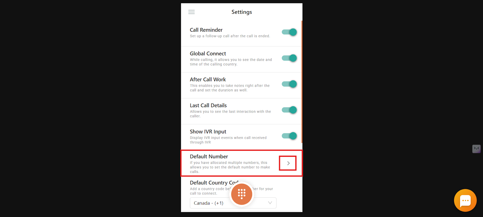 Dialer settings list with the Default Number option highlighted