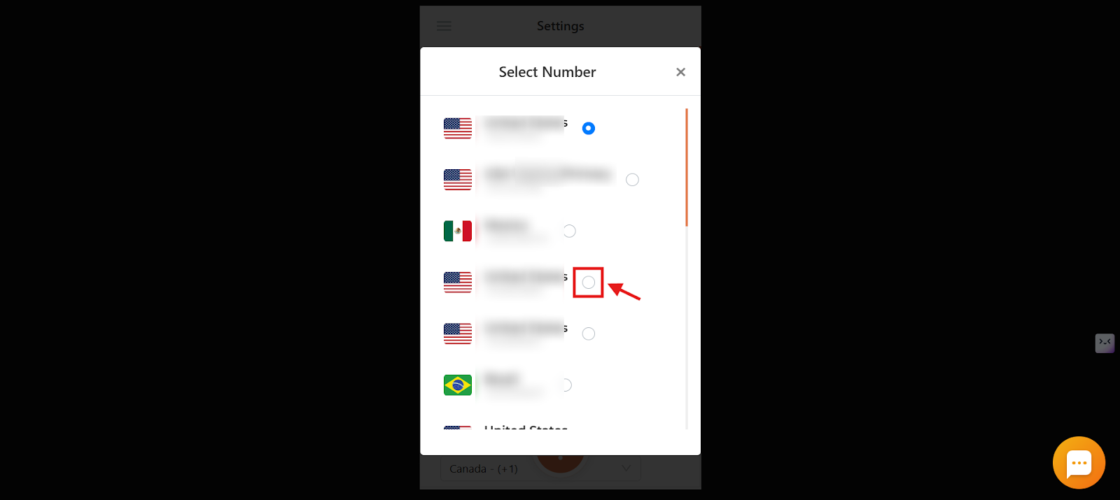 Select Number dialog with a radio button highlighted next to an allocated number