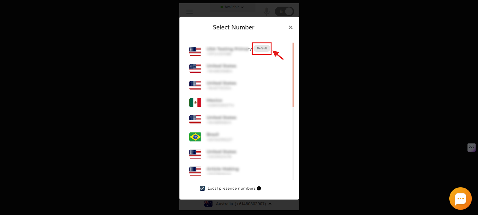 Select Number list showing a Default tag next to the chosen number in the dialer