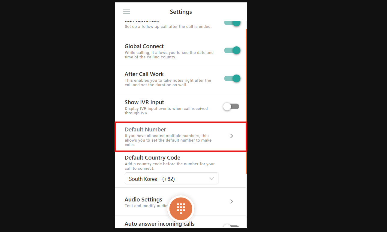 Dialer settings with the Default Number option appearing grayed out and non-functional
