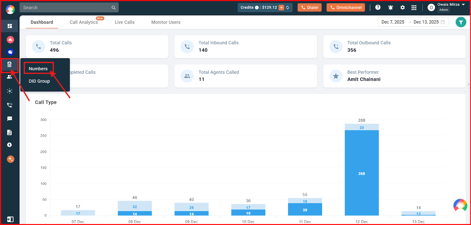 CallHippo dashboard with the Number and DID sidebar icon and Numbers menu option highlighted