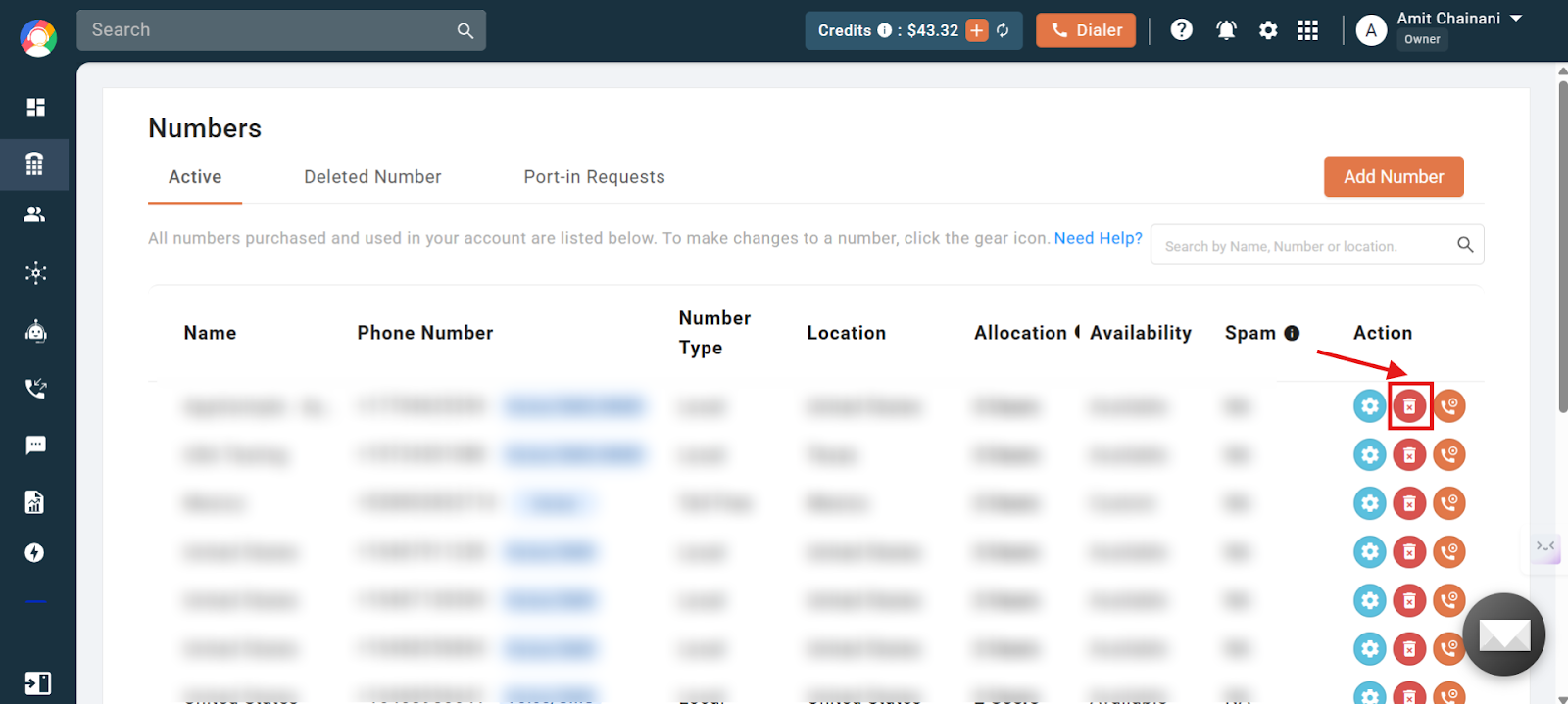 Active numbers list in CallHippo with the red delete button highlighted in the Action column