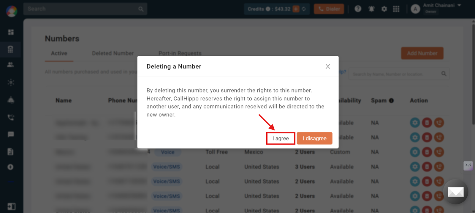 Deleting a Number confirmation popup in CallHippo with the I agree button highlighted