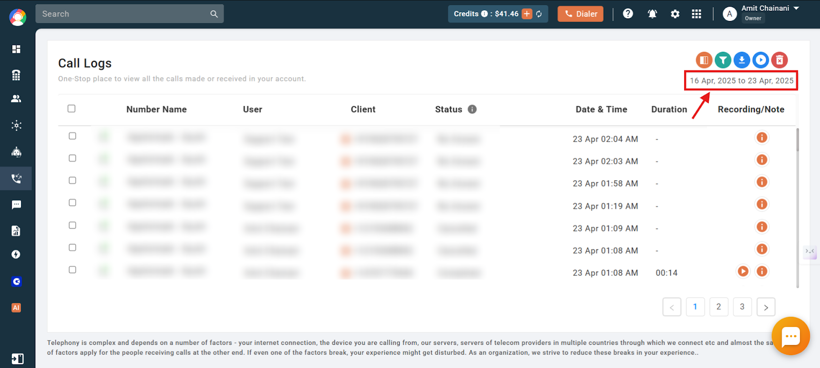 CallHippo Call Logs page showing the date range and the green Filter icon in the top right