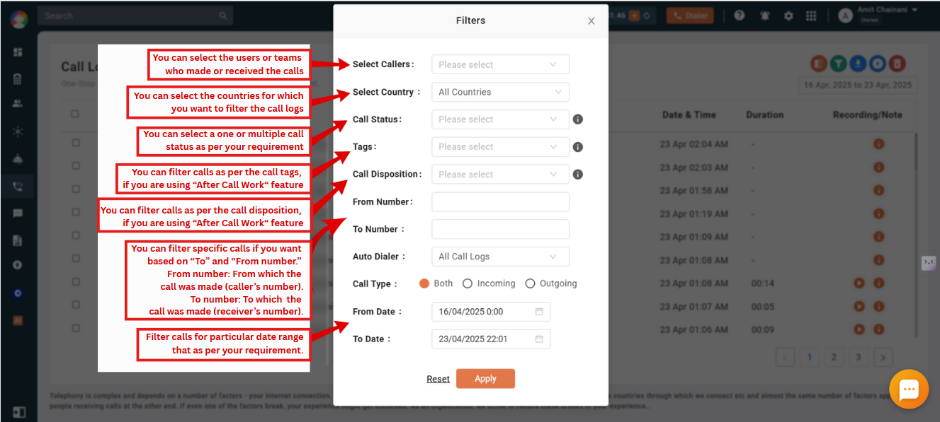 CallHippo Filters modal with annotations explaining callers, country, status, tags, disposition, numbers, call type and date range options