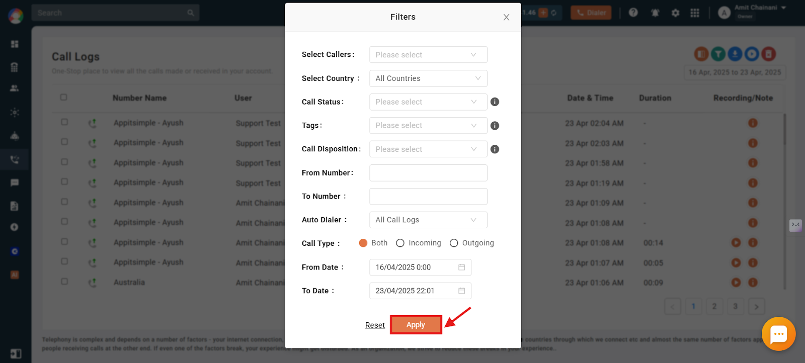 CallHippo Filters modal with the Apply button highlighted to apply the selected filters