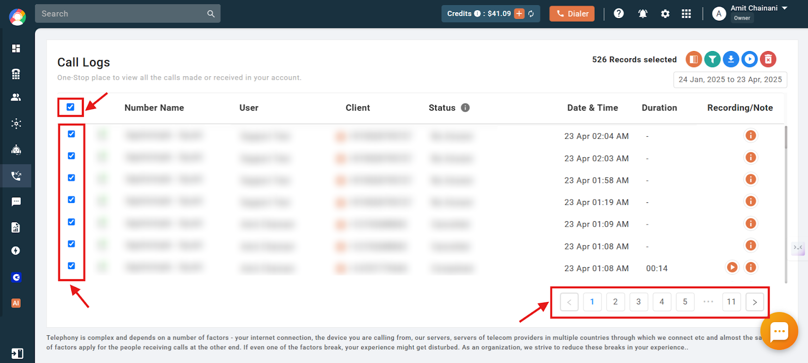 CallHippo Call Logs with the select-all checkbox and individual row checkboxes highlighted along with pagination