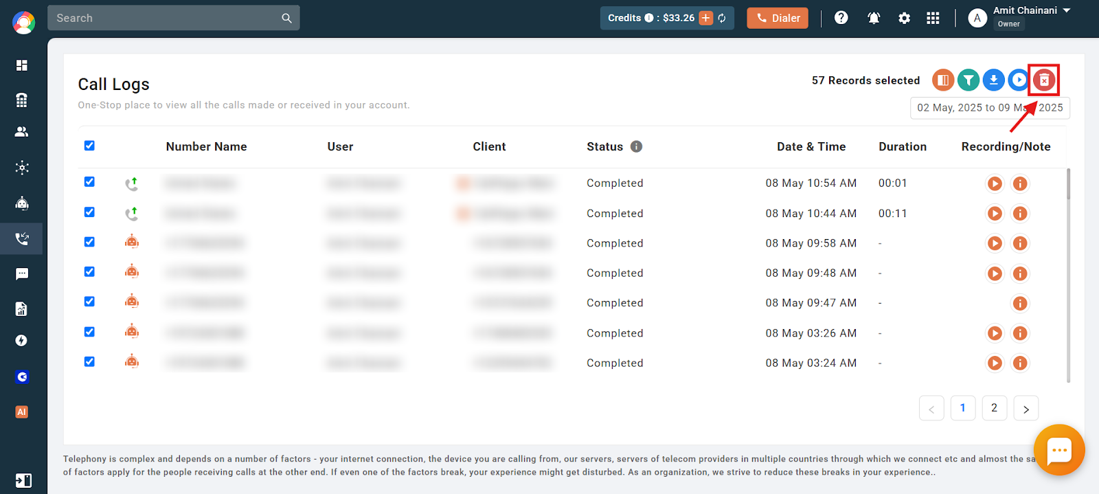 CallHippo Call Logs showing selected records and the delete trash icon highlighted in the top right