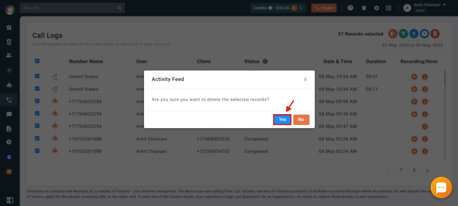 CallHippo confirmation dialog asking Are you sure you want to delete the selected records with the Yes button highlighted