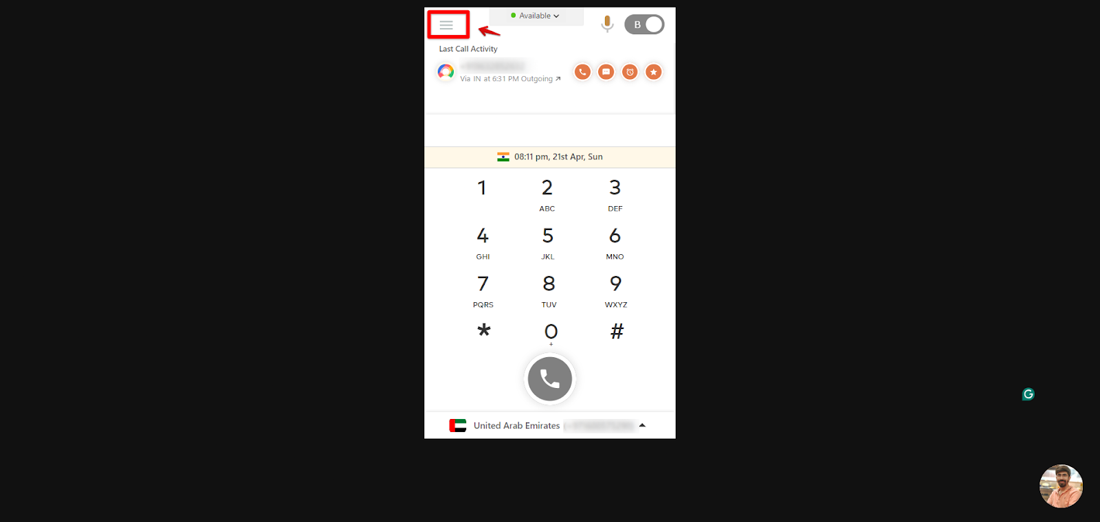 CallHippo web dialer with the main menu icon highlighted in the top left corner