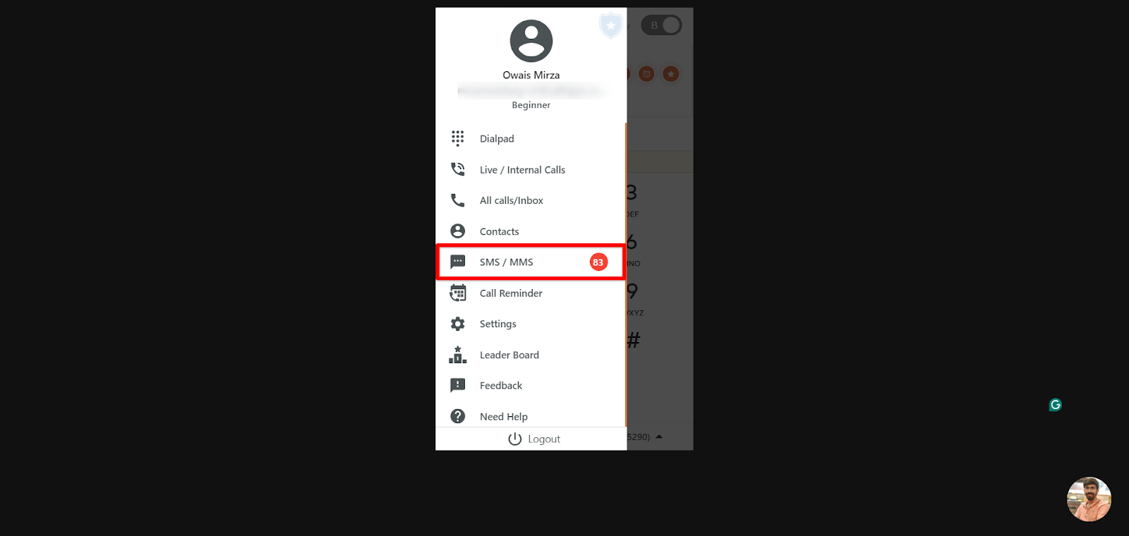 CallHippo dialer menu with the SMS / MMS option highlighted