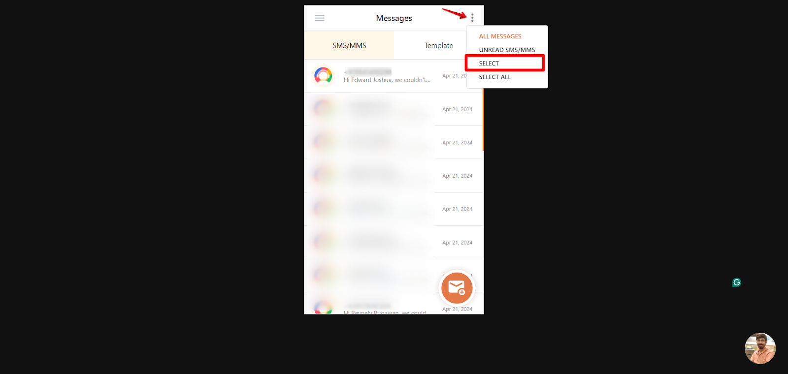 CallHippo Messages screen with the three-dot menu open and the Select option highlighted