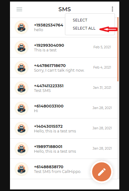 CallHippo dialer menu with the SMS option highlighted