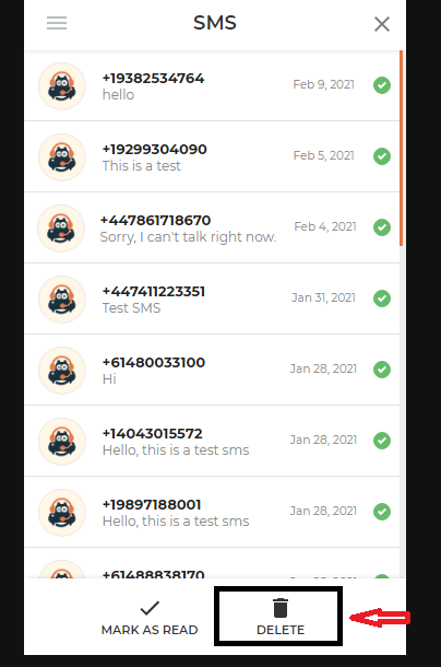 CallHippo SMS list with the menu open and the Select All option highlighted