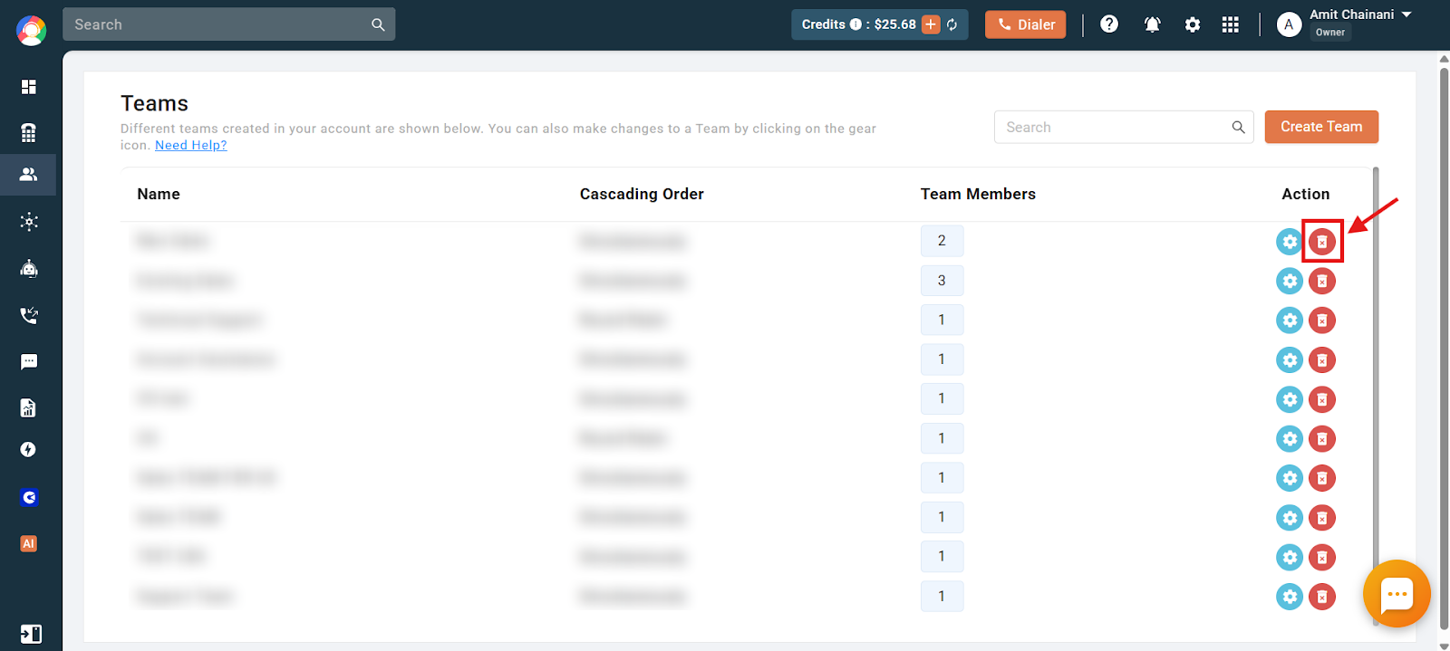 CallHippo Teams list with the red delete button highlighted beside a team