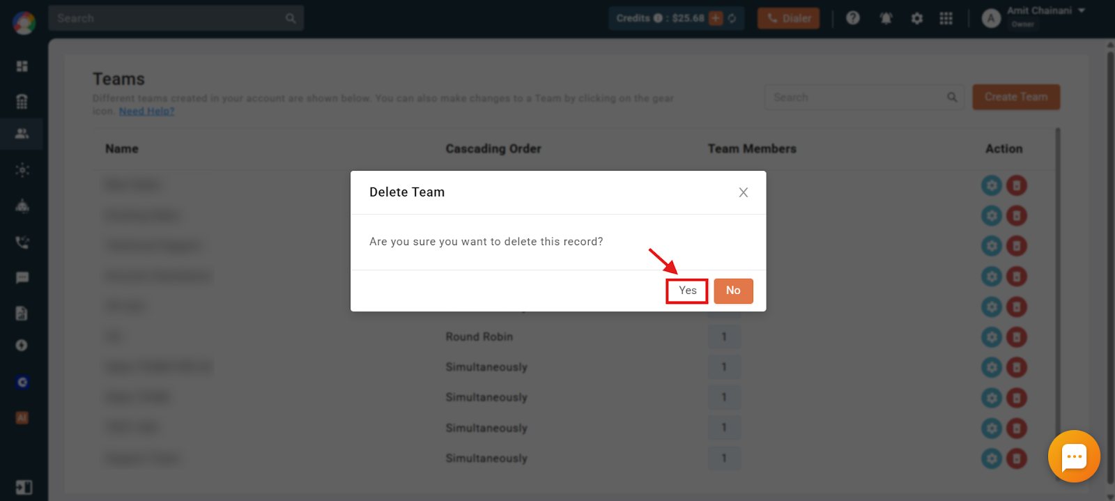Delete Team confirmation dialog with Yes highlighted