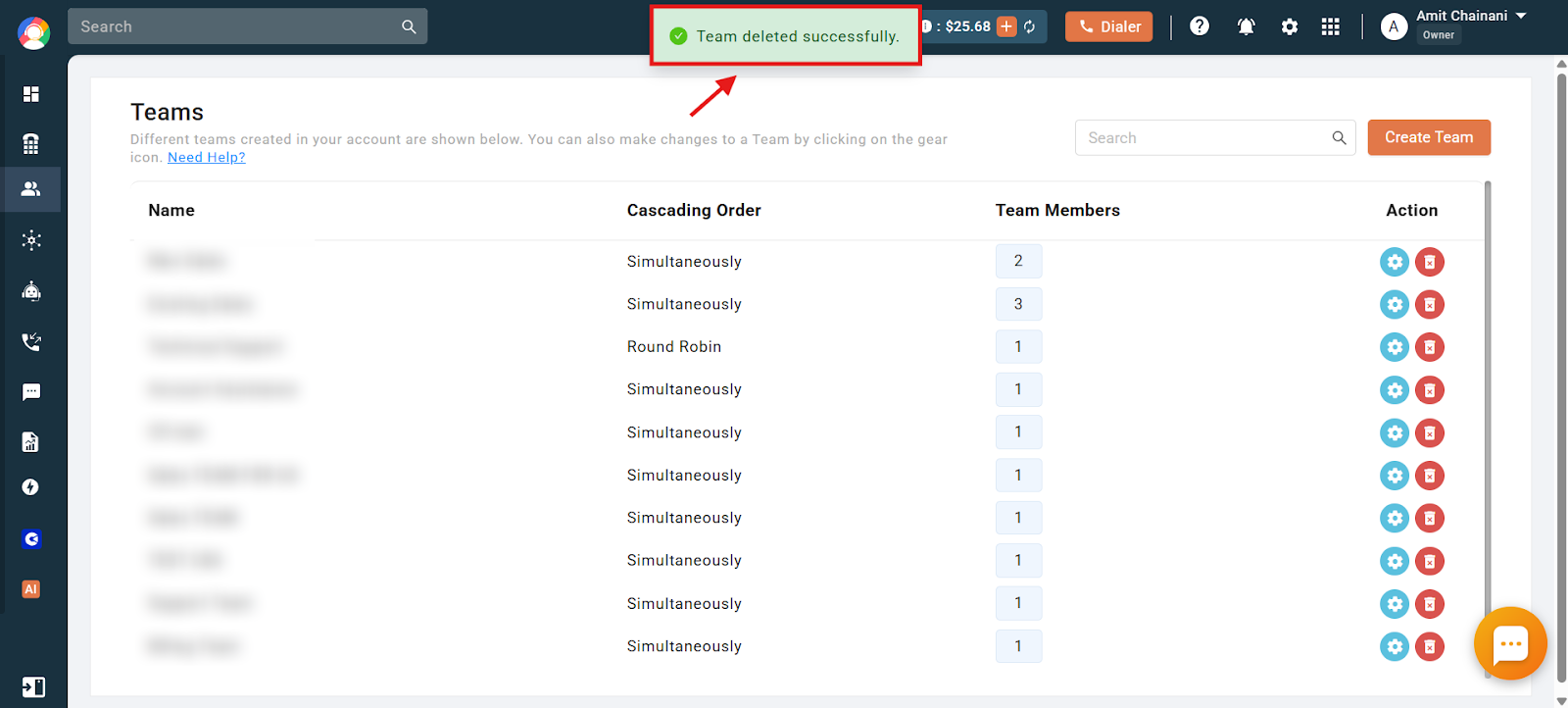 CallHippo Teams page showing a Team deleted successfully confirmation message