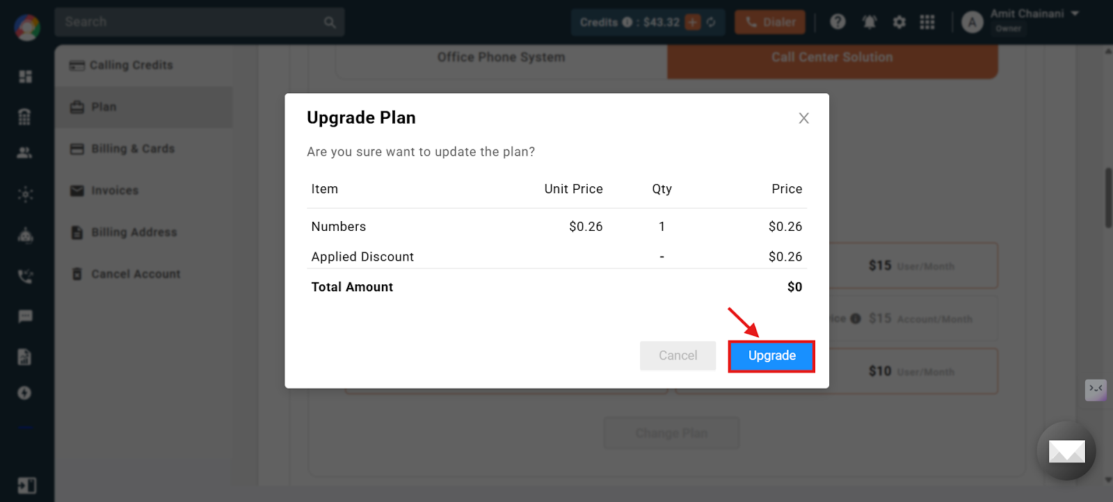Upgrade Plan confirmation dialog with the Upgrade button highlighted