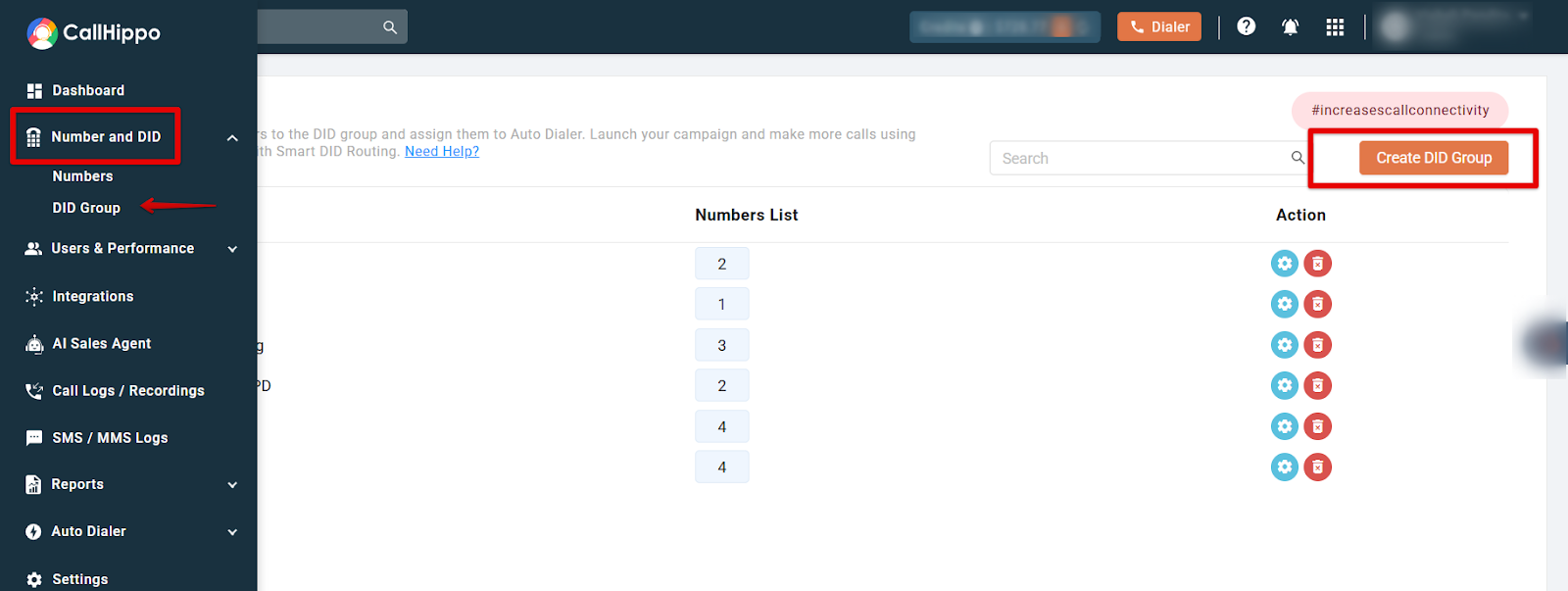 CallHippo DID Group page under Number and DID with the Create DID Group button highlighted