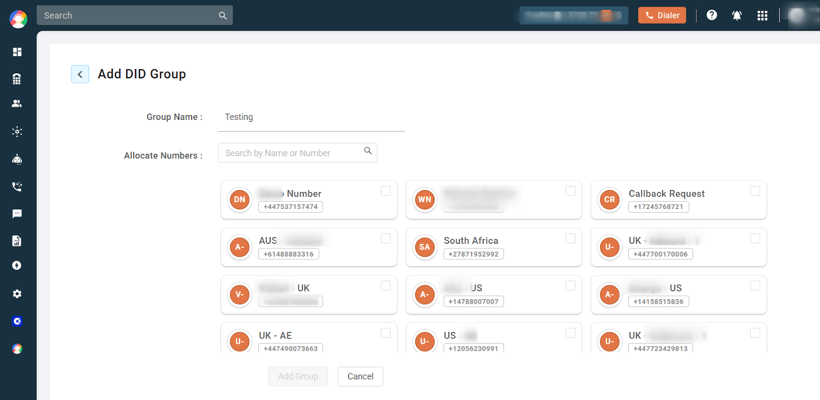 Add DID Group form with a Group Name field and a list of numbers to allocate to the group