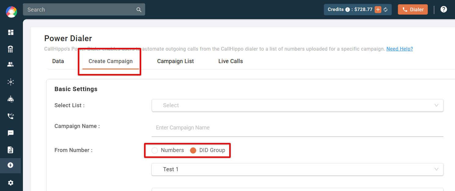 Power Dialer Create Campaign screen with the From Number set to DID Group