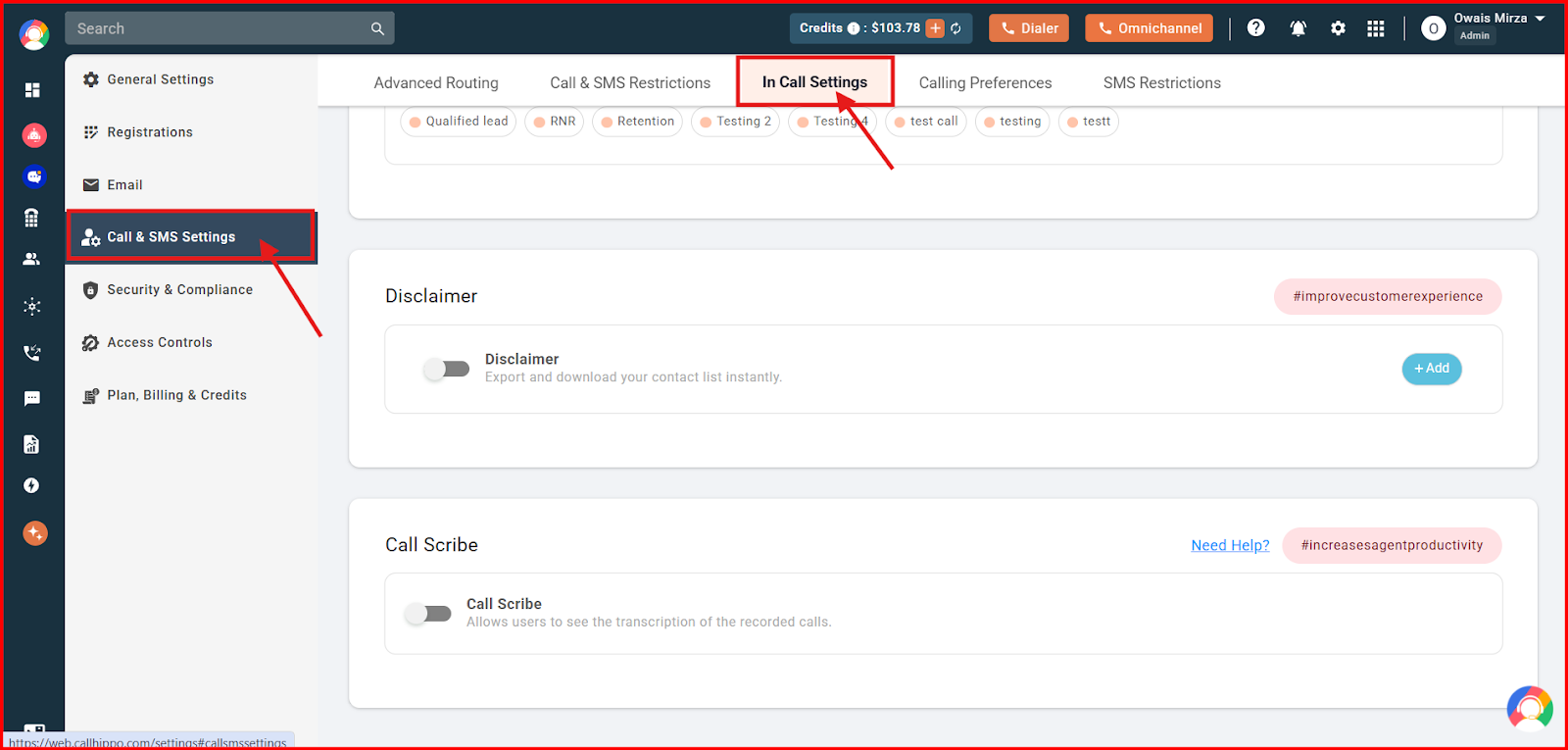 Call and SMS Settings with the In Call Settings tab and Disclaimer section highlighted