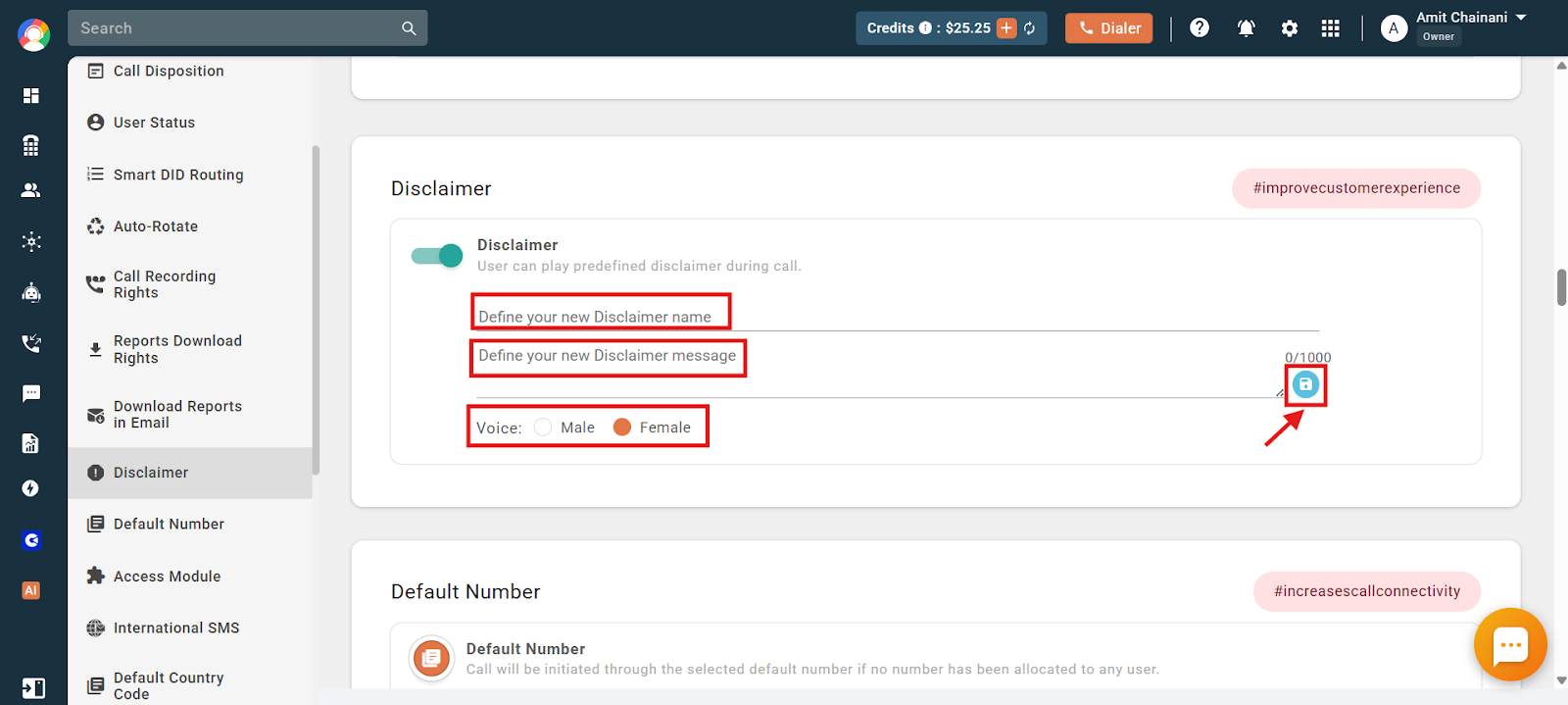Disclaimer form with name, message, voice options and the save button highlighted
