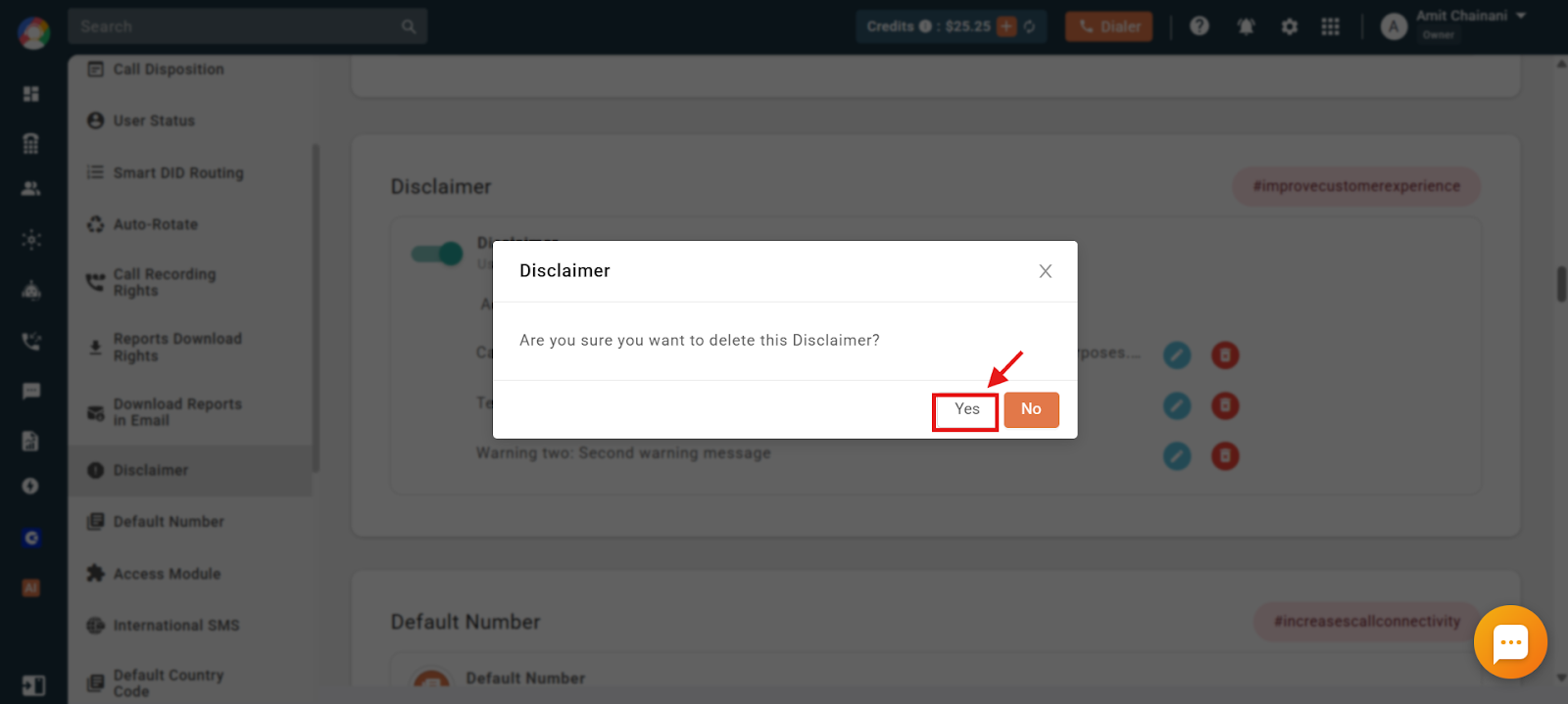 Delete confirmation dialog for a disclaimer with the Yes button highlighted
