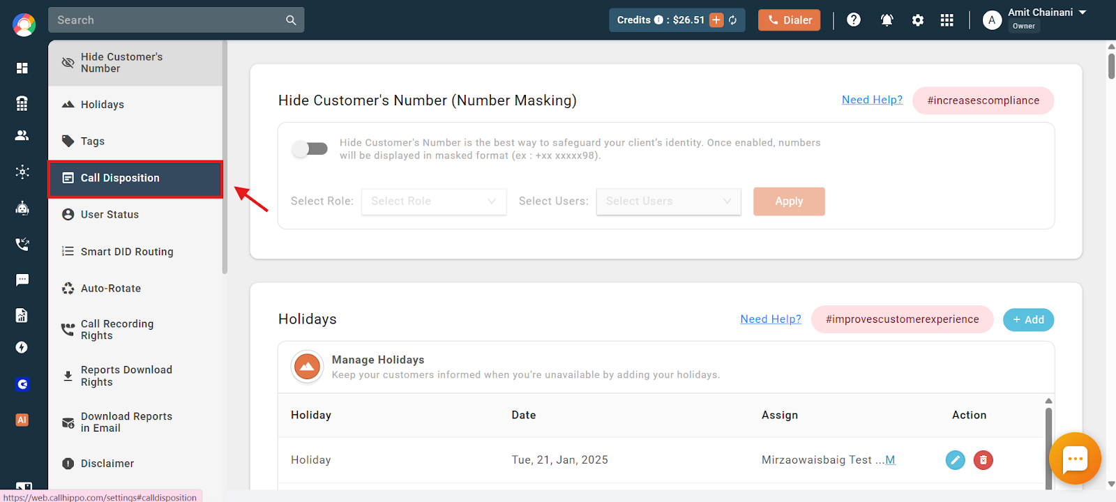 Call Disposition option highlighted in the CallHippo Settings sidebar