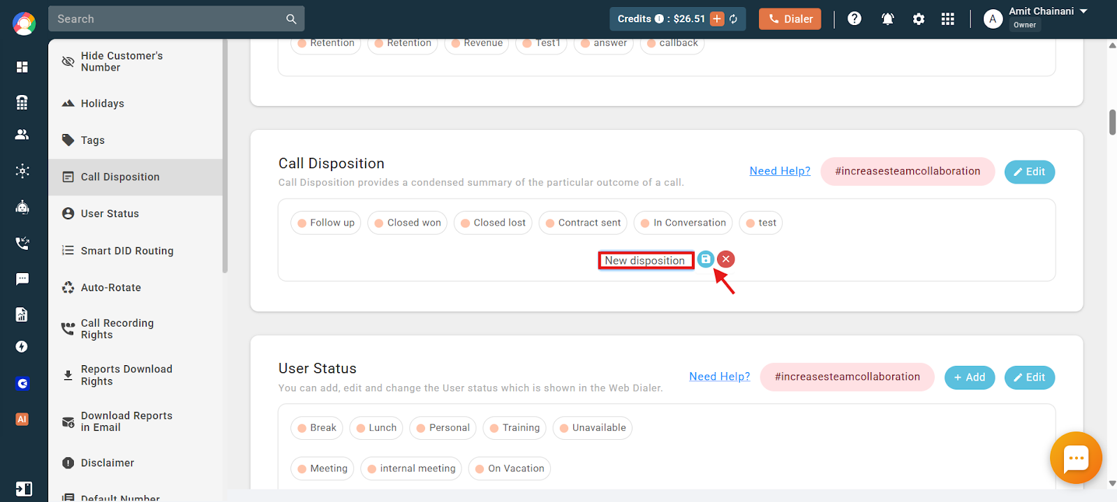 New disposition text field with Save button in CallHippo Call Disposition settings