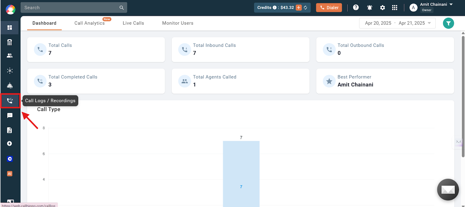 Call Logs / Recordings option highlighted in the CallHippo left navigation