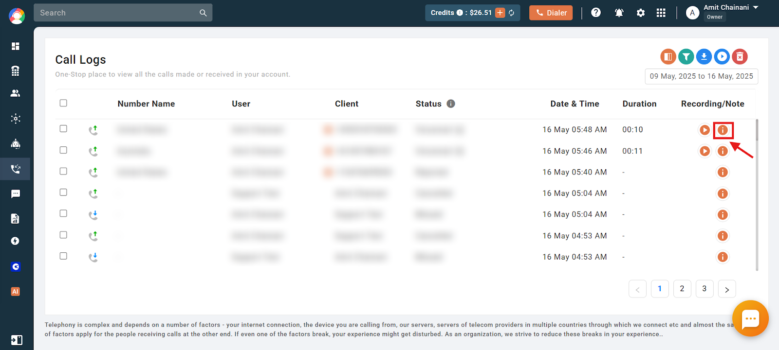 Info icon highlighted next to a call in the CallHippo Call Logs list