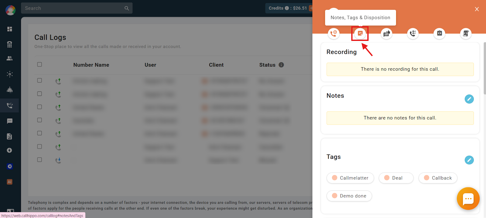 Notes, Tags and Disposition icon highlighted in the call details panel