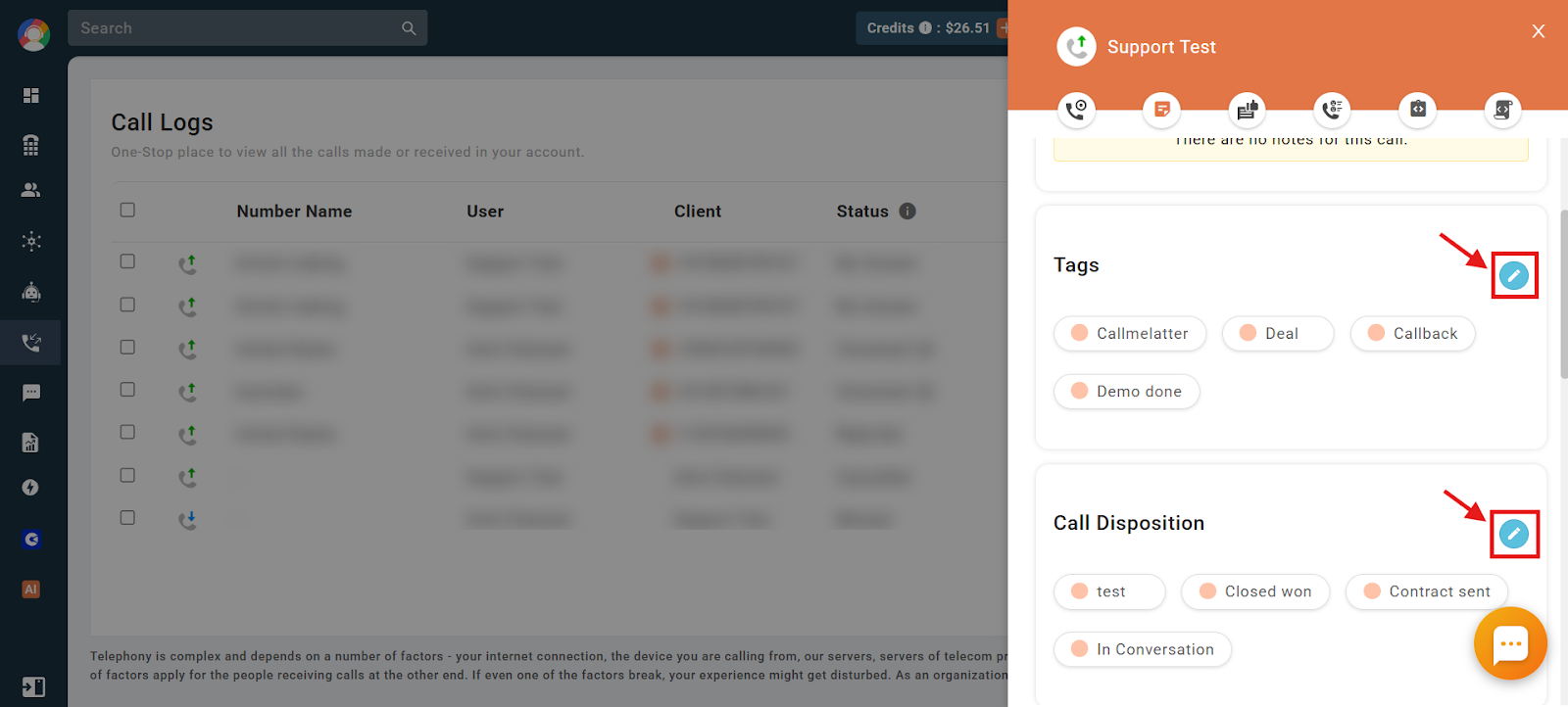 Edit icon for Tags and Call Disposition in the CallHippo call details panel