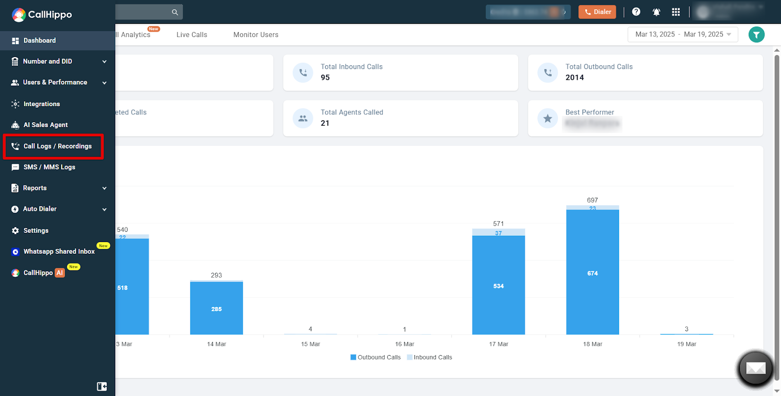 CallHippo sidebar with the Call Logs / Recordings option highlighted