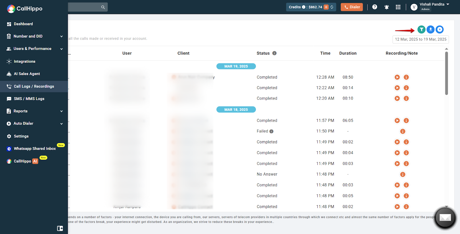 Call Logs page with an arrow pointing to the filter icon at the top right next to the download button
