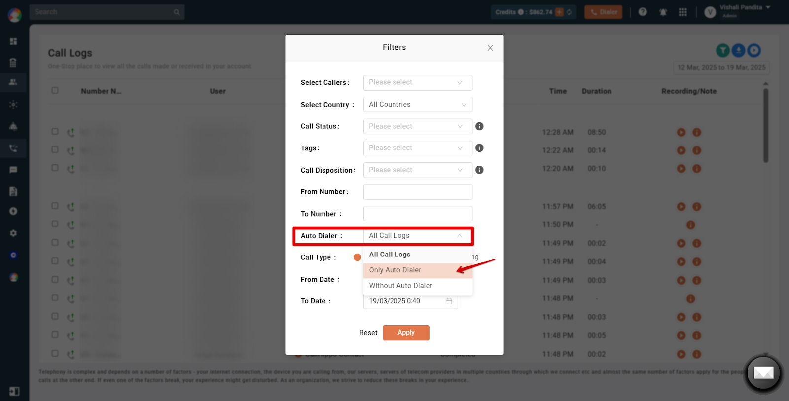 Call Logs Filters popup with the Auto Dialer dropdown set to Only Auto Dialer and an Apply button