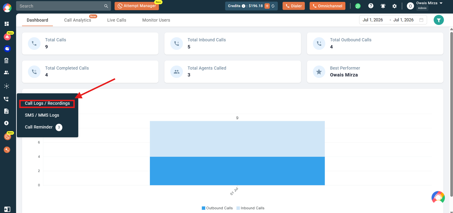 Call Logs / Recordings option in the CallHippo dashboard left menu