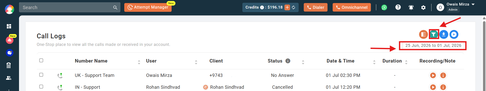 Green Filter icon and date range on the Call Logs page