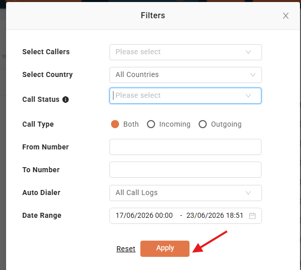 Filters modal with callers, country, call status, call type, and date range options