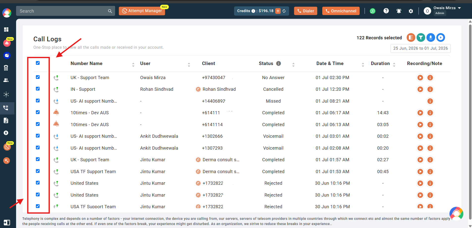 Select-all checkbox chosen to include all filtered call logs