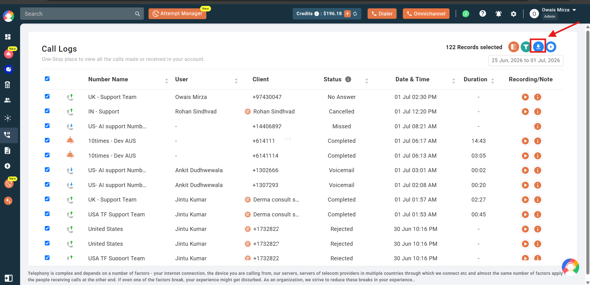 Blue download icon on the Call Logs page