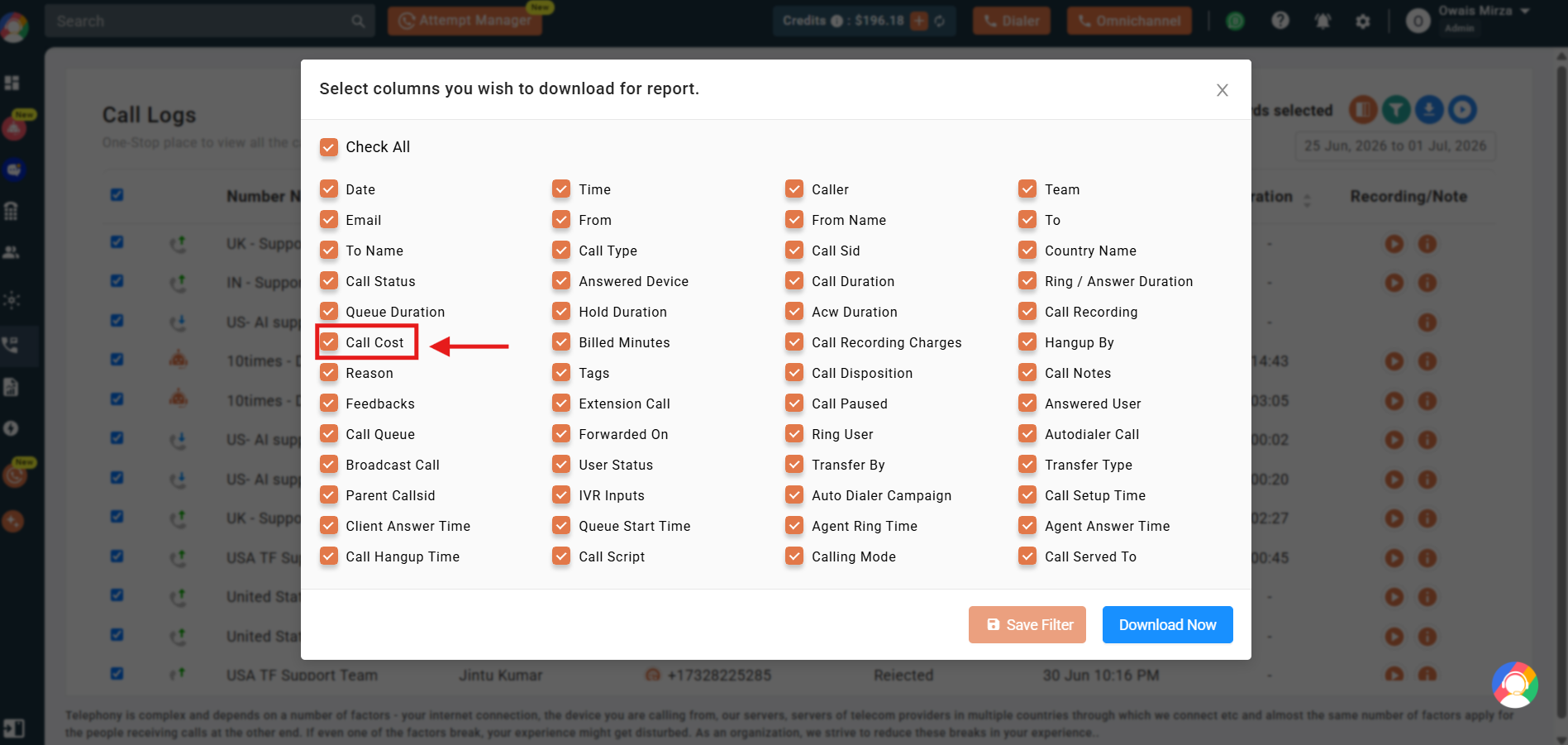 Call Cost checkbox highlighted in the report column selection modal